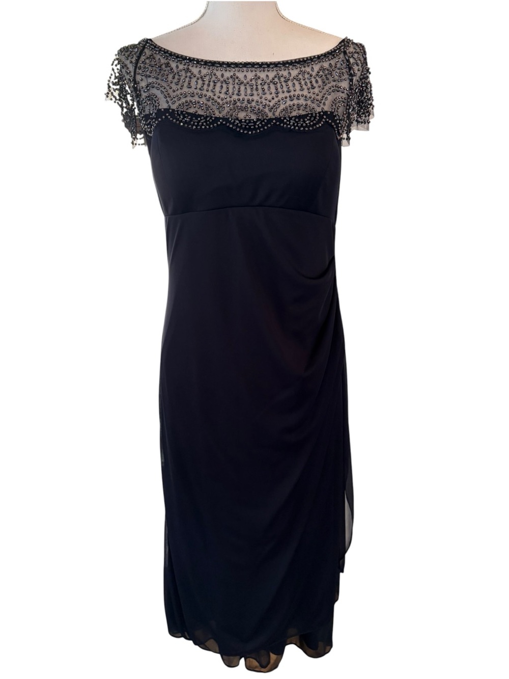 Xscape by Joanna Chen Black Ruched Beaded Illusion Midi Dress. Size 16